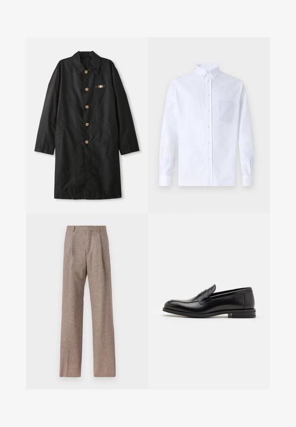 Juodas paltas iš lygaus audinio, turintis apykaklę, auksinius mygtukus ir dvi šonines kišenes su dekoratyviniu akcentu ant krūtinės.; Balta ilga rankovė mygtukų marškiniai, pagaminti iš medvilnės, su krūtine kišene ir toniniu siuvinėjimu, apykakle ir mygtukų apvadu.; Rudos, aukšto liemens kelnes, pagamintas iš tekstūruotos medžiagos. Plati kojos, dvi priekinės klostės struktūrai. Tvarkingas apdailos darbai, be matomų detalių.; Juodos odinės loafers, turinčios lygų paviršių, apvalią noselę ir dekoratyvinę juostą per priekinę dalį. Žemas krentantis kulnas, minimalistinis dizainas.