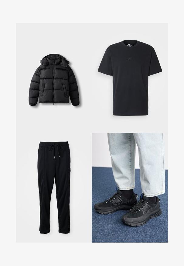 Casaco puffer preto com fecho frontal, gola alta e botões de pressão. Apresenta costuras horizontais e dois bolsos frontais. Material macio e isolante.; T-shirt de algodão preto da Nike com um clássico decote redondo, mangas curtas e um logótipo em relevo discreto no peito. Textura suave.; Calças casuais pretas com cordão na cintura, com bolsos laterais e corte reto, sobre um fundo simples.; Sapatilhas desportivas pretas com tecido texturizado e solas em borracha, apresentando atacadores elásticos e um detalhe azul no calcanhar. Usadas com calças de ganga claras.