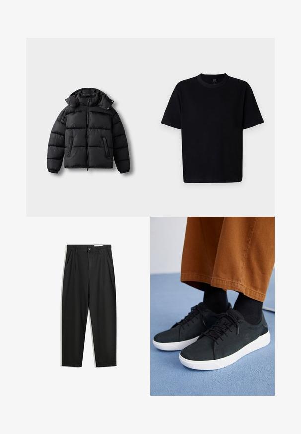 Černá péřová bunda se zipem vpředu, vysokým límcem a druky. Obsahuje horizontální prošívání a dvě přední kapsy. Měkký, izolační materiál.; Černé bavlněné tričko s kulatým výstřihem, krátkými rukávy a rovného střihu. Má minimální švy a jemnou, hladkou texturu.; Černé bavlněné kalhoty s uvolněným střihem, klasickým pasem, předními záhyby a bočními kapsami. Hladká textura bez vzorů.; Černé semišové tenisky s bílými gumovými podešvemi, s šněrovacím designem, texturovanými detaily a jemným logem, spárované s hnědými kalhotami.