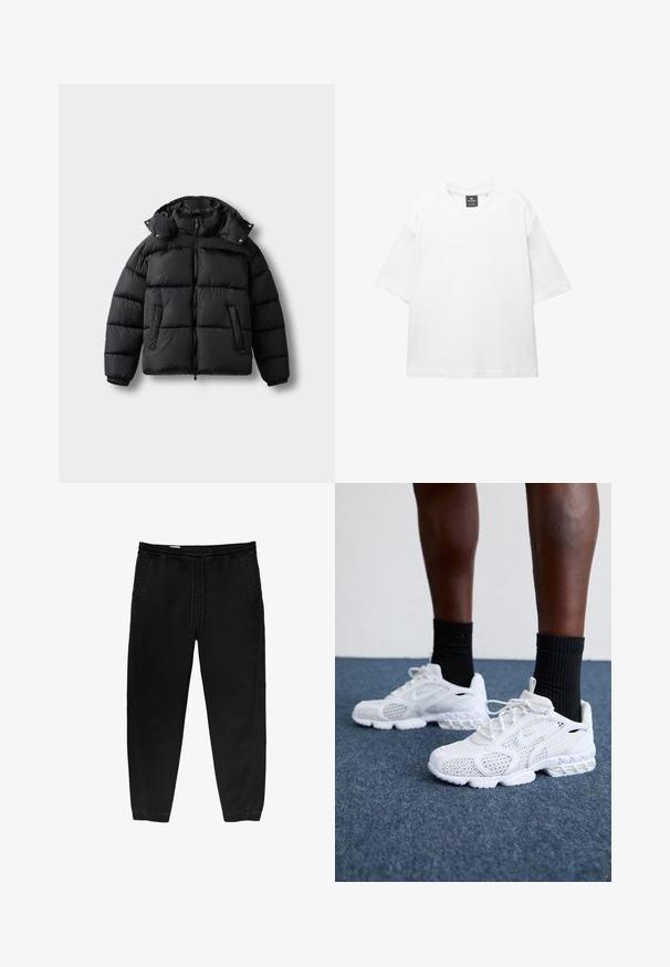 Fekete puffdzseki cipzáras elülső részel, magas gallérral és patent gombokkal. Vízszintes steppelés és két elülső zseb jellemzi. Puha, szigetelt anyag.; Fehér, rövid ujjú póló, pamutból készült, kerek nyakkivágással és laza, egyenes szabással. Nincsenek minták vagy díszítések.; Fekete, rugalmas derékpántos nadrág, zsinóros megkötéssel, tapered lábakkal, oldalsó zsebekkel és diszkrét oldalsó varrási részletekkel. Puha pamut anyagtextúra.; Fehér sportcipők hálós felsőrésszel, textúrázott díszítésekkel és párnázott talppal. Párban fekete bordázott bokazoknival egy kék szőnyeggel borított felületen.