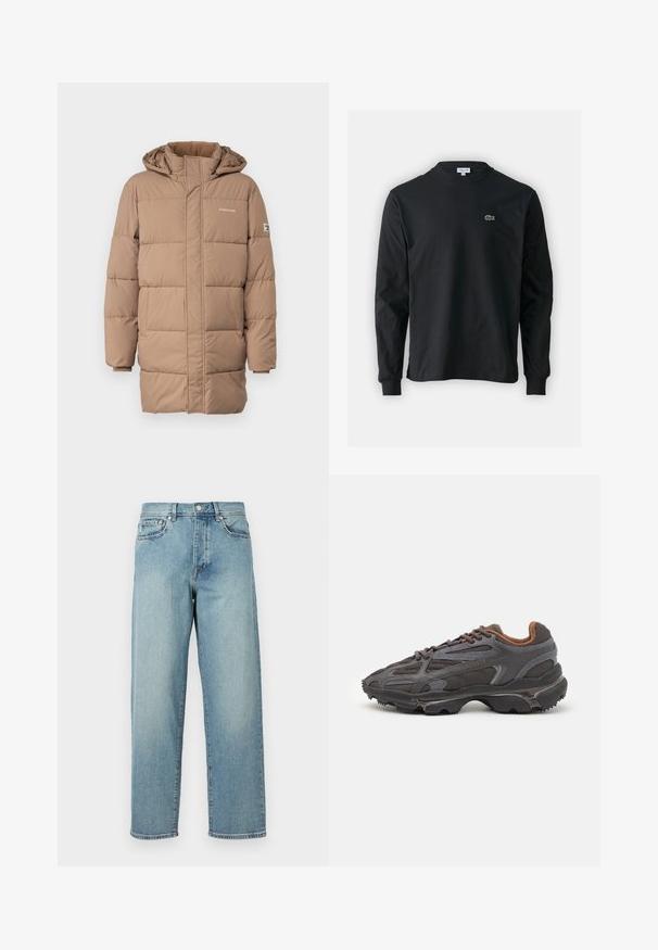 Guess Jeans PUFFER JACKET - Žieminė striukė - wet sand; Juodas ilgomis rankovėmis marškinėliai iš medvilnės, turintys apvalią iškirptę ir mažą žalią išsiuvinėtą krokodilo logotipą kairėje krūtinės pusėje.; Šviesiai mėlynos džinsinės kelnės su laisvu siluetu, tiesiomis kojomis, penkių kišenių dizainu ir sagčių uždarymu juosmens srityje. Minimalistinis siuvinėjimo akcentas.; Lacoste sportbačiai tamsiai pilki, pagaminti iš tinklinės ir sintetinių medžiagų, su tekstūruotu padu ir rudomis detalėmis ant apykaklės bei prekės ženklo.