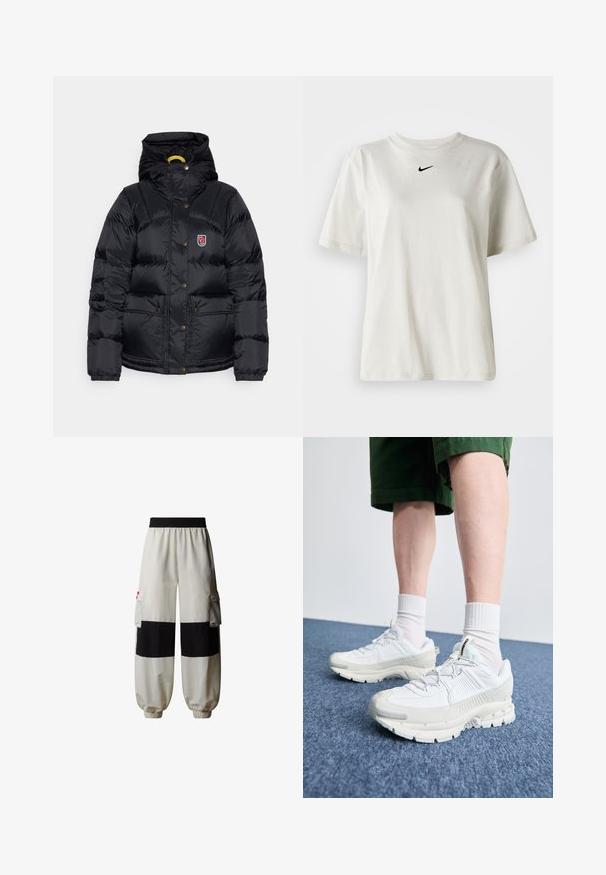 Fjällräven EXPEDITION DOWN LITE JACKET W - Daunenjacke - black; Weißes Baumwoll-T-Shirt mit rundem Halsausschnitt und kurzen Ärmeln. Verfügt über ein kleines schwarzes Nike-Logo auf der Brust. Einfaches und ungeschmücktes Design.; The North Face HIMALAYAN - Cargohose - white dune tnf black; Weiße Sportschuhe mit strukturierten Überzügen, einer dicken Sohle und grauen Akzenten. Tragen mit weißen Crew-Socken und grünen Shorts auf einer blauen Oberfläche.
