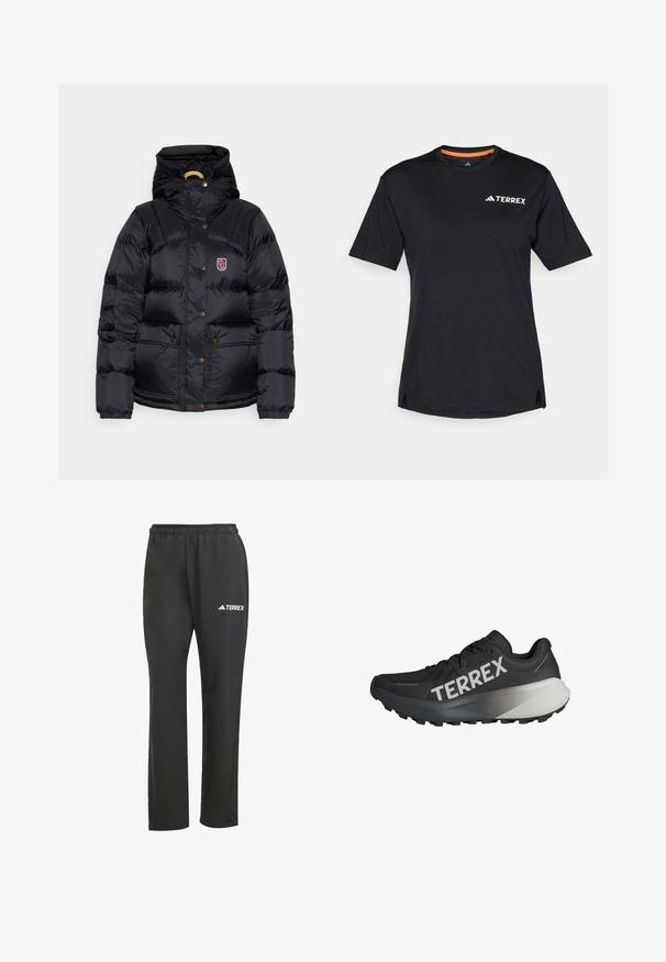 Fjällräven EXPEDITION DOWN LITE JACKET W - Down jacket - black; Black short-sleeve T-shirt with round neckline, featuring a subtle heather texture and white "TERREX" logo on the upper left side.; Black lightweight pants with an elastic waistband. Features a subtle “TERREX” logo in white. Smooth fabric and straight-leg design.; Black running shoe with a textured upper, prominent "TERREX" logo in white, tapered sole design, and a gradient gray accent on the heel.
