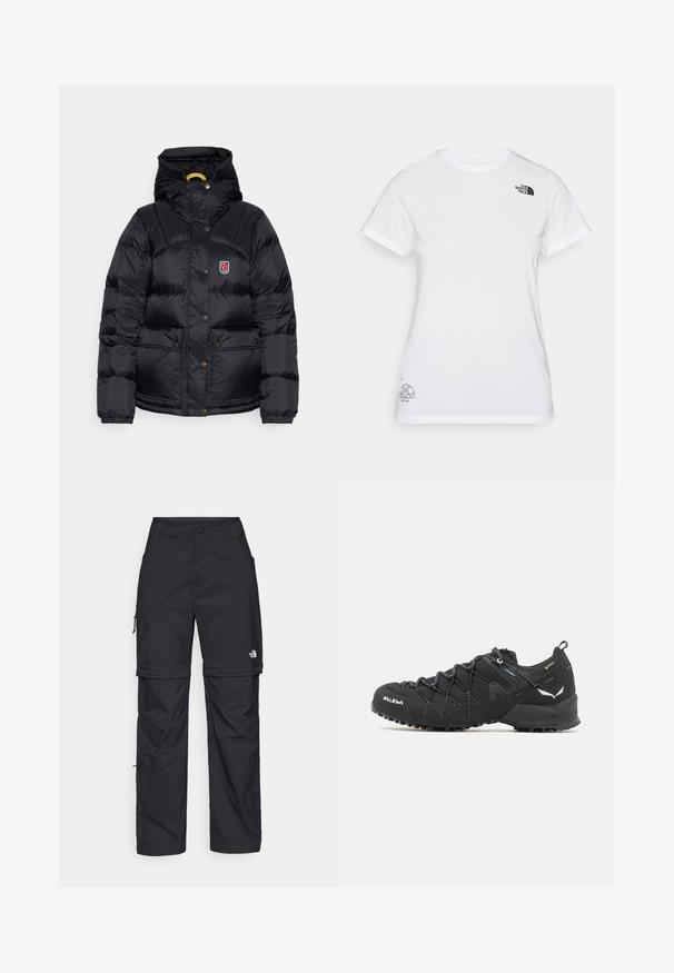 Fjällräven EXPEDITION DOWN LITE JACKET W - Tollkabát - black; Fehér pamut póló, bal mellen fekete logóval és a jobb alsó sarokban szürke grafikai dizájnnal. Klasszikus kerek nyakú és rövid ujjú.; Fekete nylon zipzáras cargo nadrág állítható mandzsettával, több zsebbel és logóval a jobb lábon. Simább, könnyű textúra.; Fekete túracipők texturált szövet felső résszel, fűzési rendszerrel és strapabíró gumitalppal. Reflektáló részletekkel és logókkal díszítve.