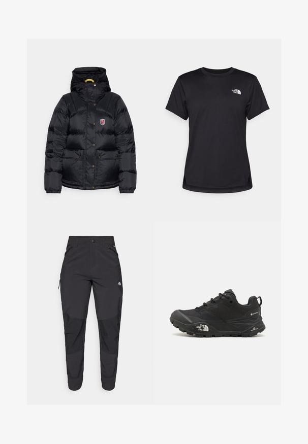 Fjällräven EXPEDITION DOWN LITE JACKET W - Gewatteerde jas - black; The North Face FLEX SHORT SLEEVES TEE - Sport T-shirt - black; Zwarte outdoorbroek gemaakt van duurzaam materiaal. Voorzien van ritszakken, versterkte knieën en een rechte snit voor optimale bewegingsvrijheid.; Zwarte wandelschoen met een gestructureerde bovenkant, vetersluiting en een stevige rubberen zool met een opvallend logo aan de zijkant en profielpatronen.