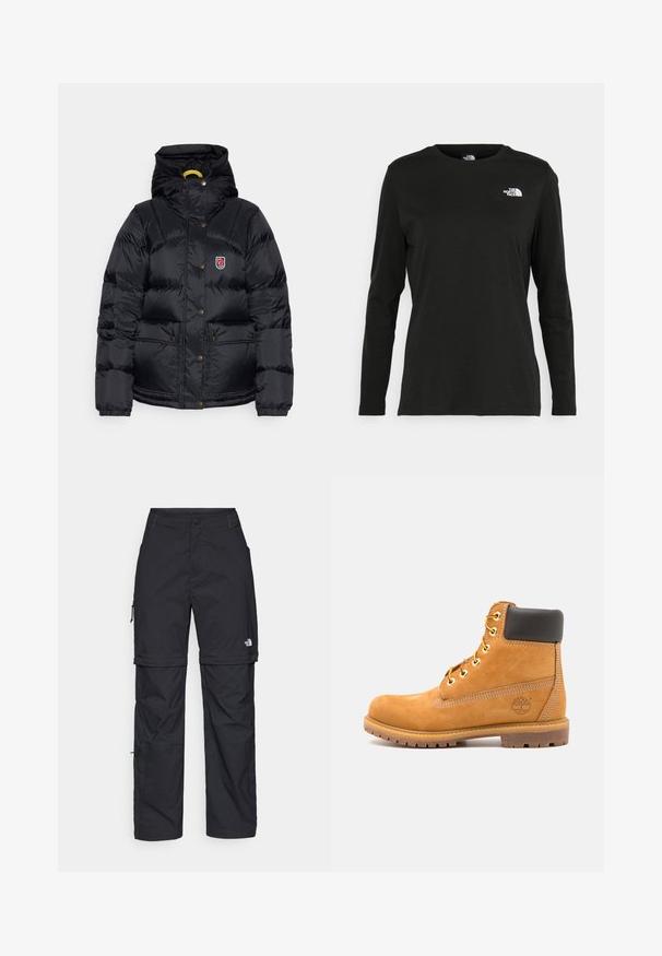 Fjällräven EXPEDITION DOWN LITE JACKET W - Dunjakker - black; Sort langærmet t-shirt lavet af bomuld med rund hals. Har et lille hvidt logo på venstre brystområde. Enkel design og pasform.; Sorte nylon cargo bukser med lynlås, justerbare manchetter, flere lommer og et logo på højre ben. Glat, let tekstur.; Brune læder ankelstøvle med sort polstring, gyldne øsken og en tekstureret sål. Har et cirkulært logo på siden og synlige syninger.