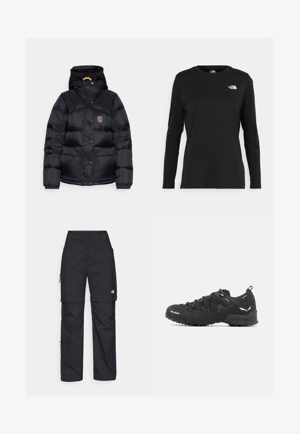 Fjällräven EXPEDITION DOWN LITE JACKET W - Down jacket - black; Black long-sleeve t-shirt made of cotton with a round neck. Features a small white logo on the left chest area. Simple design and fit.; Black nylon zip-off cargo trousers with adjustable cuffs, multiple pockets, and a logo on the right leg. Smooth, lightweight texture.; Black hiking shoes with a textured fabric upper, lacing system, and rugged rubber sole. Accented with reflective details and logos.