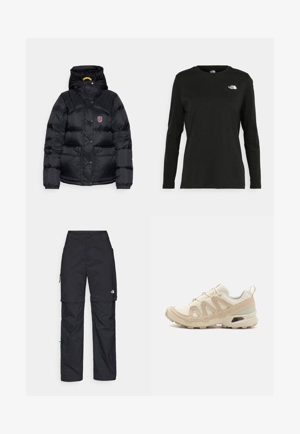 Fjällräven EXPEDITION DOWN LITE JACKET W - Casaco de penas - black; T-shirt preto de mangas longas, feito de algodão, com decote redondo. Apresenta um pequeno logótipo branco na área esquerda do peito. Design simples e ajuste confortável.; Calças cargo pretas em nylon com fechos de correr removíveis, punhos ajustáveis, múltiplos bolsos e um logótipo na perna direita. Textura suave e leve.; Sapatilha atlética beige e creme com parte superior em malha texturizada, sobreposições de suporte e sola de borracha com um padrão de cravo para tração.