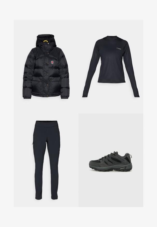 Fjällräven EXPEDITION DOWN LITE JACKET W - Sulejope - black; Mustvalge pika käisega spordipaita, mis on valmistatud kergest ja õhku läbilaskevust pakkumisest kangast. Omab ümarat kaelust ja Columbi logo ees.; Mustad mustad sportpüksid kitsaste lõikega, elastse vöökoha ja küljetaskuga, millel on tõmblukk. Sile, veniv kangas minimaalsete õmblustega.; Columbia REDMOND - Matkajalatsid - black/citron haze