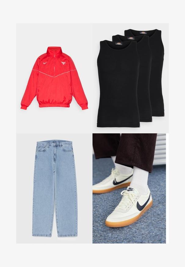 Raudona nailono striukė su aukštu apykakle, užtrauktuku priekyje, elastinėmis rankovėmis ir apvadu. Yra baltos detalės ir logotipas ant krūtinės.; Juodi maikutai trijų pakuotėje. Raštuota tekstūra, standartinė apvalia iškirpte, be rankovių. Apačia papuošta mažuoju prekės ženklu.; Šviesiai mėlyni džinsai su tiesiomis kojomis, turintys vidutinio aukščio juosmenį, penkias kišenes ir mygtuko bei užtrauktuko uždarymą.; Nike sportbačiai iš baltos odos su tamsiai mėlynu ženkleliu, turintys guminį kreidos pado ir baltus raiščius, derinami su baltomis kojinėmis iki blauzdų ir tamsiomis aksominėmis kelnėmis.