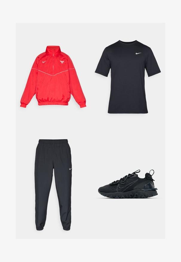 Rode nylon jas met hoge kraag, ritssluiting aan de voorkant, elastische manchetten en onderrand. Voorzien van witte accenten en een logo op de borst.; Zwart T-shirt met korte mouwen van Nike, gemaakt van gladde stof, met een wit swoosh-logo op de bovenlinkerzijde, ronde hals.; Zwarte trainingsbroek van lichtgewicht materiaal met een elastische tailleband, enkelmanchetten en een discreet Nike-logo aan de linkerkant.; Zwarte sportieve schoen met een ademende bovenkant van mesh, gestructureerde accenten en een golvende rubberen zool. Heeft een reflecterende logo en vetersysteem.
