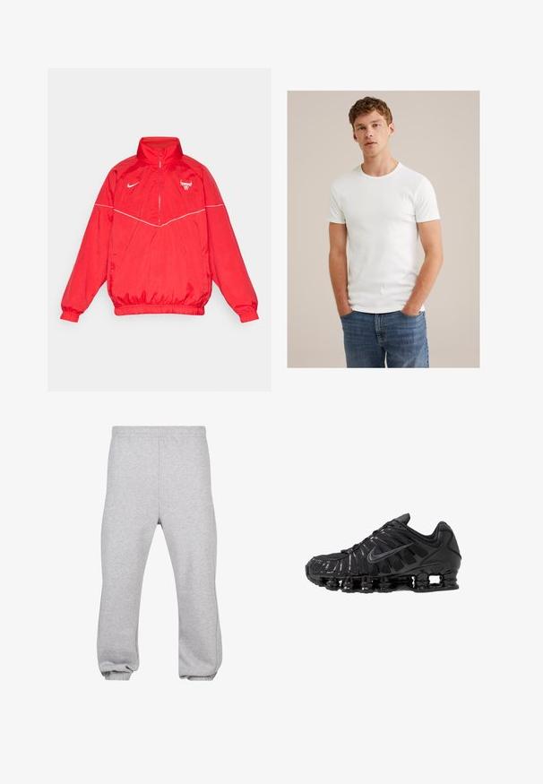 Rdeča najlon jakna z visokim ovratnikom, z zadrgo spredaj, elastičnimi manšetami in robom. Ponuja bele poudarke in logo na prsih.; Mladis moški s kratkimi kodri, oblečen v enostavno belo majico s kratkimi rokavi in modre kavbojke, stoji z rokami v žepih.; Sive trenirke iz mešanice bombaža, z elastičnim pasom, zoženimi nogami in manšetami na robovih. Preprost dizajn brez vzorcev.; Črni športni čevlji iz mrežastega in sintetičnega materiala, z značilnim valovitim dizajnom, črnim gumijastim podplatom in odsevnimi poudarki.