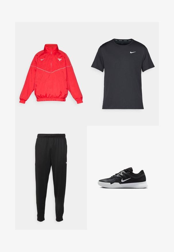Red nylon jacket with a high collar, zip-up front, elastic cuffs, and hem. Features white accents and a logo on the chest.; Black Nike running T-shirt made of lightweight, breathable material, featuring short sleeves and a small white logo on the chest.; Black athletic pants made of smooth fabric, featuring an elastic waistband, tapered legs, and a small white logo on the left side.; Black athletic shoe with a textured upper, white Nike swoosh, and a white rubber outsole. Features a lace-up design and dynamic shape.