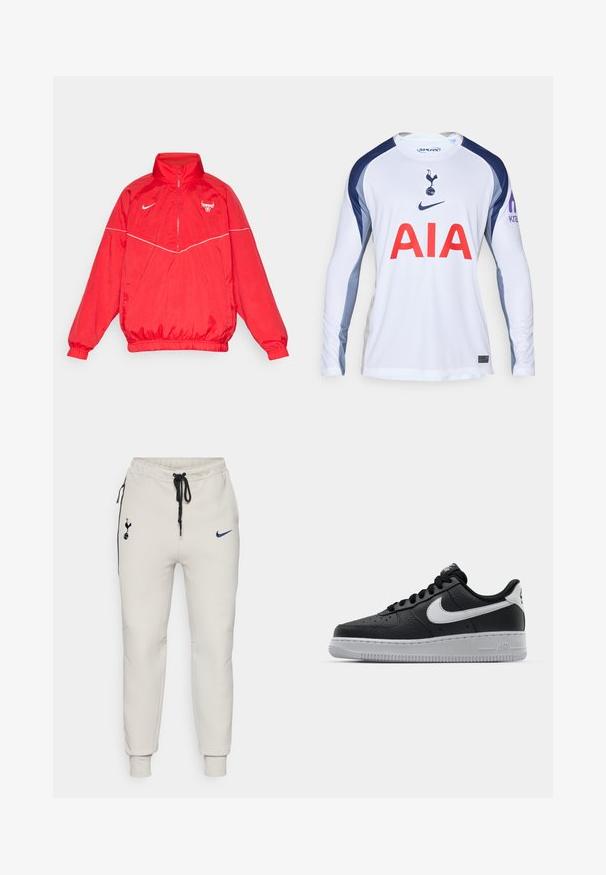 Červená nylonová bunda s vysokým golierom, zipsom vpredu, elastickými manžetami a lemom. Má biele akcenty a logo na hrudi.; Biely dlhý rukáv futbalový dres s námorníckymi modrými akcentmi, ktorý má logo Tottenham Hotspur a červené "AIA" cez prednú časť.; Svetlošedé Nike tepláky s čiernymi akcentmi. Obsahujú vyšívané logá, elastický pás s šnúrkou a manžety na členkoch.; Čierne kožené tenisky s textúrovaným povrchom, biely Nike swoosh, šedá podrážka, okrúle špičky a šnurovací dizajn. Obsahuje perforácie na špičke.