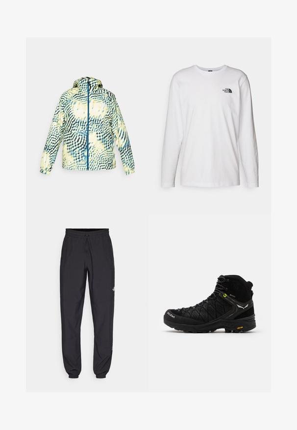 Veste légère à capuche avec un motif ondulé noir et jaune, fermeture éclair intégrale sur le devant et poignets élastiques pour un ajustement confortable.; T-shirt blanc à manches longues en coton avec un col rond. Présente un petit logo noir sur la poitrine. Texture lisse, coupe régulière.; Pantalon de sport noir en tissu léger, avec une taille à cordon, des poches latérales et des chevilles resserrées.; Botte de randonnée noire avec une tige texturée, un embout renforcé et une semelle Vibram. Le système de laçage comprend des crochets pour un ajustement sécurisé.