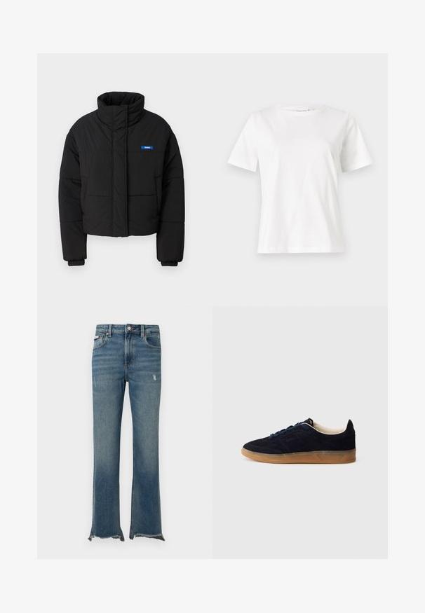 Svart puffjakke med høy krage, cropped design og elastiske mansjetter. Har en blå "HUGO" logo på venstre bryst.; Hvit bomull t-skjorte med korte ermer, rund hals og avslappet passform. Glatt tekstur, ingen mønstre eller detaljer, minimalistisk design.; Blå denimjeans med lett slitasje, rå frynsete kanter, frontlommer, beltestropper og knappelukking.; Navy blå semsket sneakers med såle av gummikaramell, blå lisser og minimalistisk design. Har preget logo på siden og glatt innerfôr.