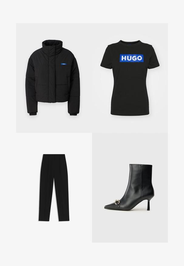 Black puffer jacket with a high collar, cropped design, and elastic cuffs. Features a blue "HUGO" logo on the left chest.; Black short-sleeve t-shirt made of cotton, featuring a large blue rectangular graphic with the word "HUGO" in white bold letters.; Black trousers with a straight fit, featuring double pleats, a smooth texture, and a classic waistband design. No visible hardware or accents.; Black leather ankle boot with pointed toe, slim mid-height heel, and silver buckle detail on side against plain background.
