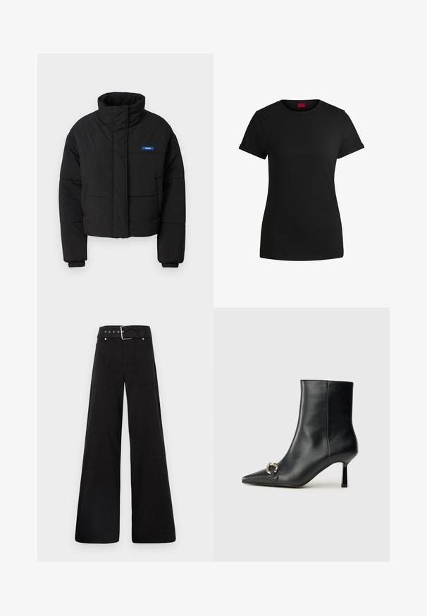 Juodas pūkinis džemperis su aukštu apykakle, trumpa konstrukcija ir elastinėmis rankovėmis. Kairėje krūtinės pusėje yra mėlynas "HUGO" logotipas.; Juodas medvilninis marškinėlis su trumpomis sukamuojamomis rankovėmis, apvaliu iškirpimu ir raudona etikete. Lygus audinys, prigludusi forma su minimaliais papuošimais.; Juodos plačios kojų kelnės, pagamintos iš medvilnės, su aukšta liemene, didelėmis šoninėmis kišenėmis ir diržu, papuoštu sidabriniais akcentais.; Juodas odinis apavas iki kulkšnies su smailiu nosiu, plonu vidutinio aukščio kulnu ir sidabriniu sagties akcentu šone, prieš paprastą foną.