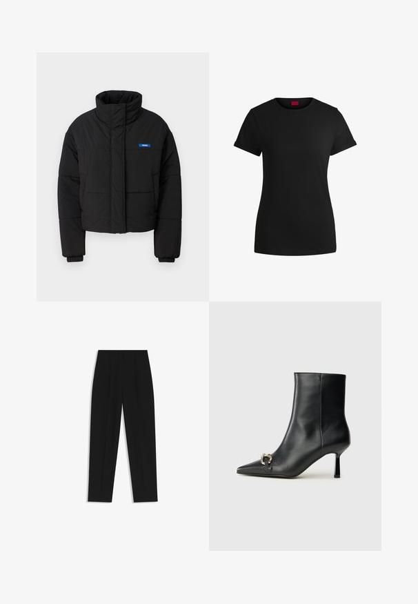 Black puffer jacket with a high collar, cropped design, and elastic cuffs. Features a blue "HUGO" logo on the left chest.; Black cotton t-shirt with short rolled sleeves, a round neckline, and a red label. Smooth texture, fitted shape with minimal detailing.; Black trousers with a straight fit, featuring double pleats, a smooth texture, and a classic waistband design. No visible hardware or accents.; Black leather ankle boot with pointed toe, slim mid-height heel, and silver buckle detail on side against plain background.