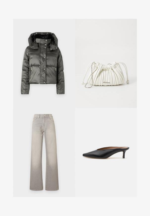 Cropped puffer jacket in dark gray with a shiny finish, featuring a detachable hood, zip pockets, and snap-button closures.; Black v-neck sweater in a soft, wool blend, featuring long sleeves and ribbed cuffs and hem. Simple, classic design without patterns or accents.; Gray wide-leg jeans with a faded finish, button closure, five-pocket design, and stitched detailing along the seams.; Black leather mules with a pointed toe and low, block heel. Smooth texture with a sleek design. Open back with minimal detailing.; White pleated handbag made of soft material. Features drawstring closure, braided handles, and a silver-tone hardware accent.