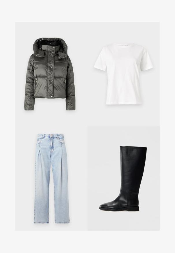 Veste matelassée courte en gris foncé avec une finition brillante, dotée d'une capuche amovible, de poches zippées et de fermetures à boutons-pression.; T-shirt en coton blanc à manches courtes, col rond et coupe décontractée. Texture lisse, sans motifs ni accents, design minimaliste.; Jeans en denim bleu clair avec taille haute, coupe large, deux poches latérales et design plissé. Texture douce avec une finition décolorée.; Botte en cuir noir, montant jusqu'au genou, avec un bout arrondi, texture lisse, design minimaliste et semelle plate. Détails de couture simples sur la tige.