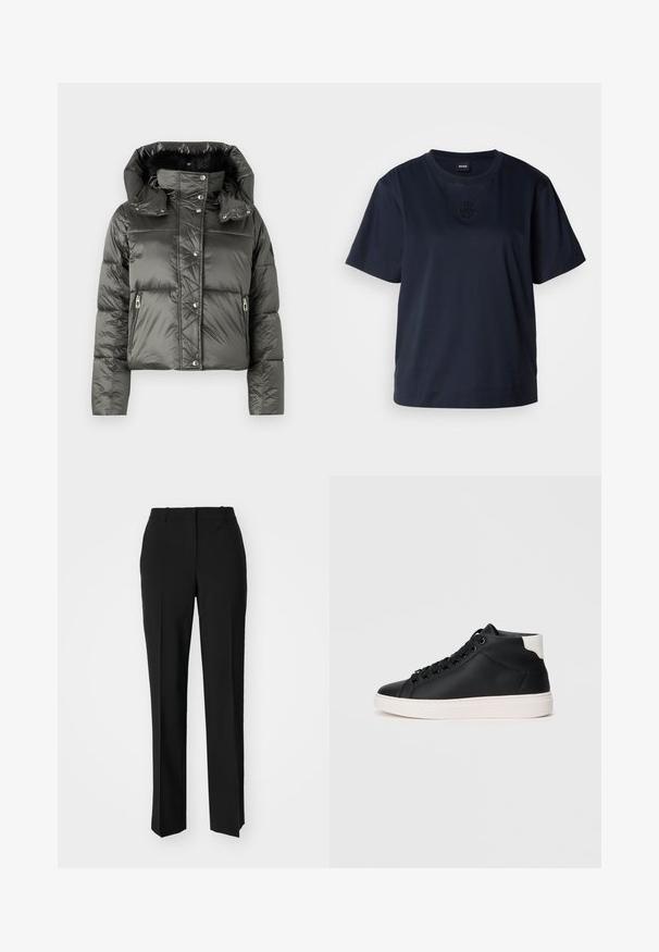 Cropped puffer jacket in dark gray with a shiny finish, featuring a detachable hood, zip pockets, and snap-button closures.; Navy blue short-sleeve t-shirt made of soft cotton. Features a rounded neckline and a subtle embroidered logo on the chest.; Black tailored trousers with a straight-leg design, featuring a smooth texture and crisp creases along the front. No visible hardware.; Black high-top sneaker made of smooth leather with white rubber sole, featuring round laces, a padded collar, and a contrasting heel accent.