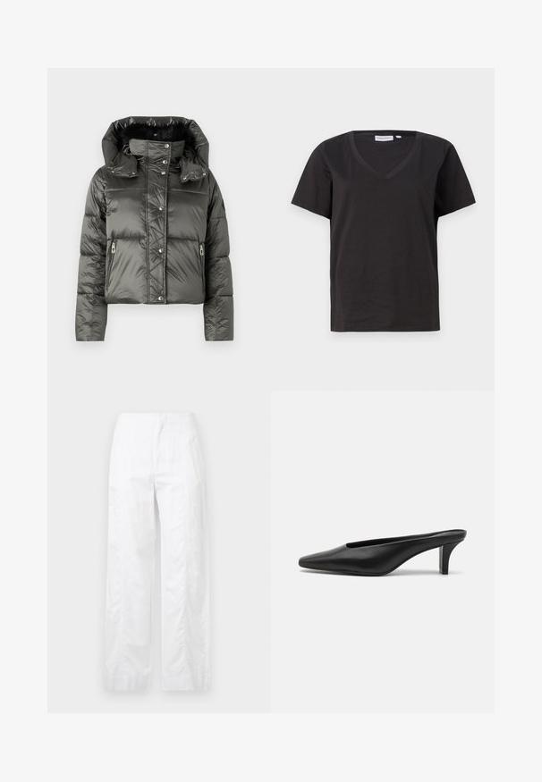 Sötét szürke, fényes felületű, rövidített steppelt dzseki, levehető kapucnival, cipzáras zsebekkel és patentos záródással.; Fekete pamut póló V-nyakkal és rövid ujjakkal. Egyszerű dizájn, normál fazon, minta vagy díszítés nélkül.; Fehér, széles szárú nadrág könnyű anyagból, sima textúrával, letisztult vonalakkal és magasderék kialakítással.; Fekete bőr, hegyes orrú mokaszin, alacsony stiletto sarokkal. Simább textúra, minimalista kialakítás, és nyitott hátul a könnyű felvétel érdekében.