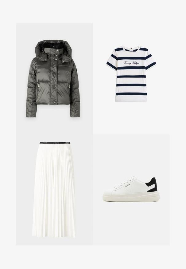 Krótkia kurtka puchowa w ciemnoszarym kolorze z błyszczącym wykończeniem, z odpinanym kapturem, kieszeniami na zamek błyskawiczny i zapięciami na zatrzaski.; Bawełniana koszulka z poziomymi granatowymi paskami na białym tle. "Tommy Hilfiger" wyszyte kursywą na klatce piersiowej. Okrągły dekolt.; Plisowana biała spódnica z czarnym elastycznym pasem z logo "LACOSTE". Średniej długości, o miękkiej teksturze.; Białe skórzane sneakersy z grubą białą podeszwą, czarnym zamszowym akcentem na pięcie oraz wytłoczonym logotypem z boku. Projekt z sznurówkami i sześcioma dziurkami.