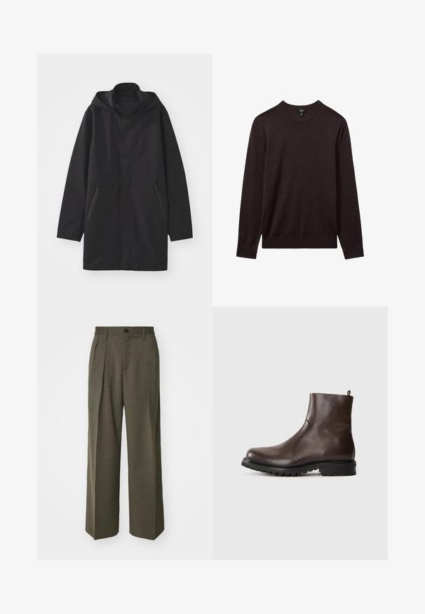 Musta hupparitakki suoran leikkauksen kanssa, valmistettu kevyestä kankaasta. Siinä on kaksi sivutaskua vetoketjulla ja minimalistinen muotoilu.; Reiss Neule - dark bordeaux; Filippa K WIDE TROUSERS - Housut - driftwood; Ruskea nahkainen nilkkasaapas, jossa on sileä pinta, joustavat sivupaneelit, vetotuli takana ja kestävä kumipohja.