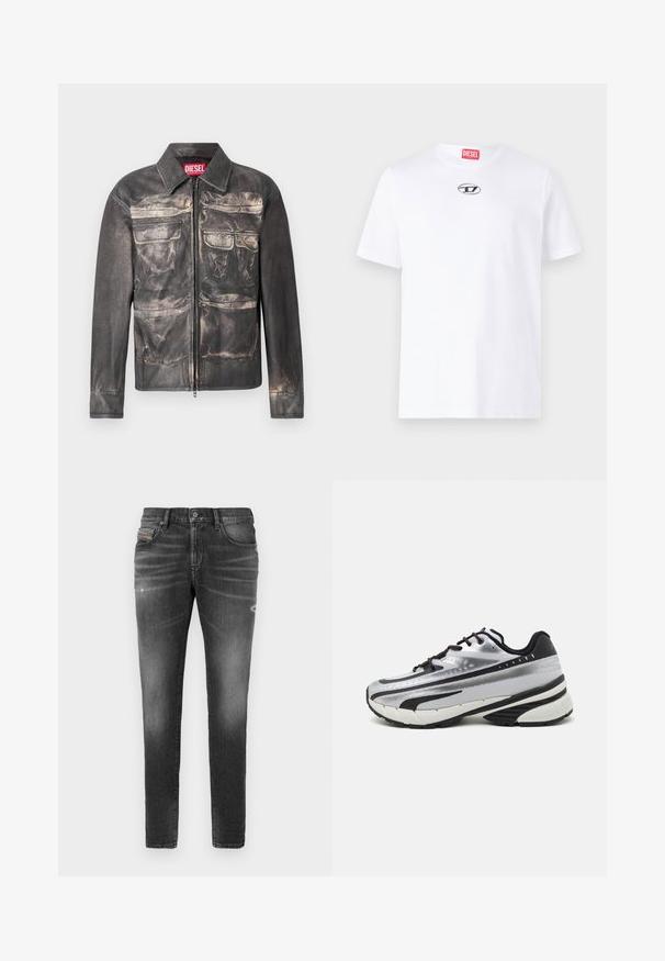 Jachetă din piele neagră cu un finisaj ușor uzat, închidere cu fermoar pe față, două buzunare în zona pieptului și două buzunare inferioare, având un guler la gât.; Cămașă albă din bumbac, cu mâneci scurte, având un guler rotund și un patch cu logo-ul argintiu Diesel pe piept. Design simplu, culoare uniformă.; Jeans din denim gri cu o croială ajustată, prezentând ușoare efecte de uzură, detalii distresate și o închidere tradițională cu nasturi.; Pantof cu alergare cu un țesut superior din plasă argintie, accente negre și talpă albă. Dispune de un design texturat și șireturi negre. Ușor și căptușit.