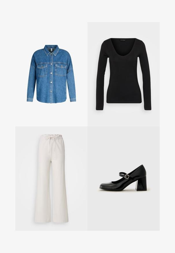 Chaqueta de mezclilla en azul claro, con cierre de botones en la parte delantera, cuello, mangas largas y dos bolsillos en el pecho con detalles en hardware plateado.; Top negro de manga larga fabricado en un tejido suave. Presenta un escote en V y una silueta ajustada, con una textura lisa y detalles de costura mínimos.; Pantalones de pierna ancha color beige claro con cintura elástica y lazo ajustable. Fabricados en tejido suave; presentan un diseño simple y sin adornos.; Zapato Mary Jane de charol negro con puntera redondeada, tira ajustable y tacón rectangular grueso. Textura suave con un acabado brillante.