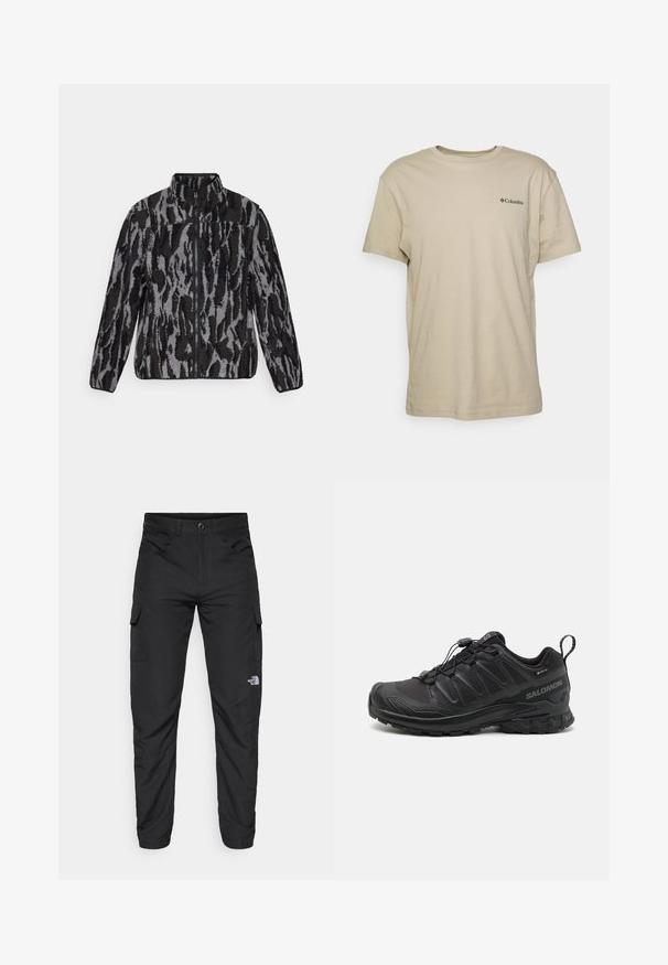 Fleece striukė su aukštu apykakliniu, turinti pilkai juodą abstraktų gyvūnų raštą, užtrauktuką ir tekstūruotą medžiagą.; Bežinė medvilninė marškinė su trumpomis rankovėmis, apvalia iškirpte ir mažu juodu logotipu kairėje krūtinės pusėje. Lygus paviršius, kasdieniškas dizainas.; The North Face HORIZON PANT - Lauko kelnės - black; Juodas sportinis batas su tekstūruotu sintetiniu apvalkalu, paminkštintu padu ir greito užrišimo sistema. Yra sustiprinta nosis ir kulnas.