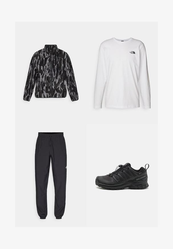 Fleecejakke med høj krave, der har et grå og sort abstrakt dyreprint, lynlås lukning og struktureret stof.; Hvid langærmet T-shirt lavet af bomuld med rund hals. Har et lille sort logo på brystet. Glat tekstur, almindelig pasform.; Sorte atletiske bukser lavet af letvægtsstof, med en snor i taljen, sidelommer og tapered manchetter ved anklerne.; Sort atletik sko med en struktureret syntetisk overdel, polstret sål og et hurtiglukkesystem. Har forstærket tå og hæl.