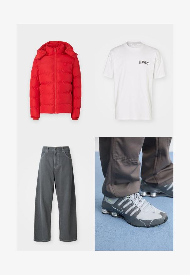 Rød polstret jakke med høy krage, avtagbar hette, glidelås foran og elastiske mansjetter. Glatt tekstur med quiltet sømdesign.; Hvit bomulls T-skjorte med korte ermer og rund hals. Har en svart "Carhartt" logo trykt på den øvre venstre brystområdet.; Grå denim vide bukser med høj talje, med forlommer, bælteskydere og en knaplukning i taljen.; Grå og sølv Nike Shox-sneakers har et slankt design, med mesh- og syntetiske materialer, en rund tå og en polstret krage.