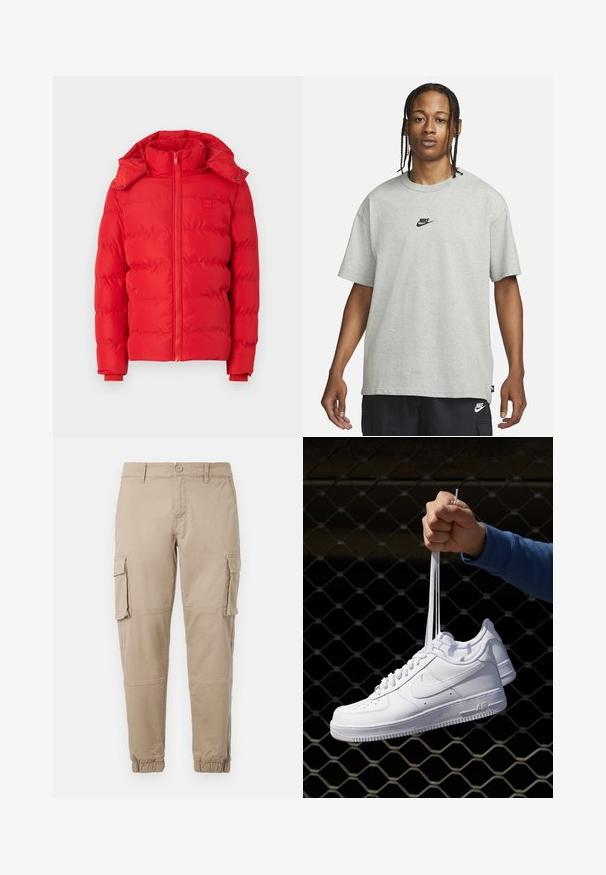 Raudona paminkštinta striukė su aukštu apykakle, nuimamu gobtuvu, užtrauktuku ir elastingomis rankovėmis. Lygus paviršius su siuvinėjimo raštu.; Jaunas žmogus su pintomis plaukomis, vilkintis šviesiai pilką Nike marškinėlį ir juodus Nike šortus, priešais vientisą baltą foną.; Bežiniai cargo kelnės iš lengvos medvilnės. Su elastingais užtrauktukais, keliais šoniniais kišenėmis ir mygtukų uždarymu.; Balti odiniai sportiniai bateliai su perforacijomis, apvalia nosimi, plokščiu padu ir storomis raištelėmis, su matomu swoosh logotipu ir "AIR" ant kulno.