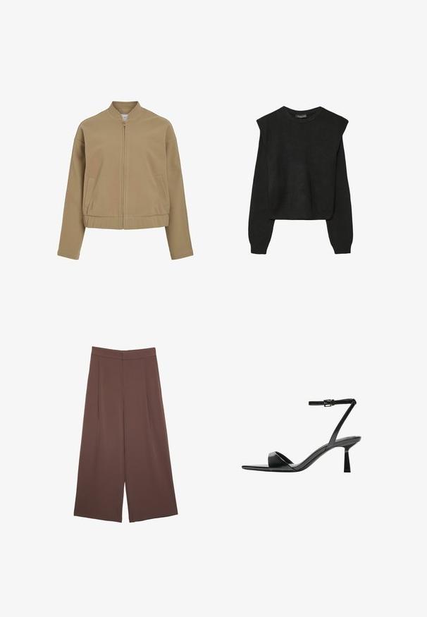 Beige lynlåsjakke med rund krave, sænkede skuldre og sidelommer. Lavet af glat, blødt stof med en struktureret pasform.; Sort striktrøje med lange ærmer, polstrede skuldre og ribkantede manchetter og kant, vist mod en hvid baggrund.; Brune bredbunde bukser med en glat tekstur, der har høj talje og plisseringer foran. Stoffet er let og falder løst.; Bershka Højhælede sandaletter / Højhælede sandaler - black