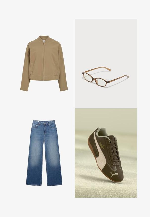 Beige lynlåsjakke med rund krave, sænkede skuldre og sidelommer. Lavet af glat, blødt stof med en struktureret pasform.; Olivenfarvet strikket sweater med rund hals, lange ærmer og ribbet kant. Har et cropped design med en blød, struktureret overflade.; Bredde denimjeans i lys blå med en falmet overflade, fem lommer og en knaplukning i taljen. Lavet af bomuldsstof, lige snit.; Brune Puma sneakers med beige stribe og logo, snøret, hvilende på en struktureret beige overflade.; Brune skildpaddemønstrede briller med ovale linser, tynde arme og gennemsigtige accenter. Har et diskret logo på stangen. Slankt, let design.