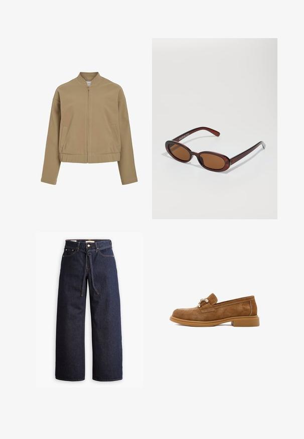 Beige ritsjack met een ronde kraag, verlaagde schouders en zijzakken. Gemaakt van gladde, zachte stof met een gestructureerde pasvorm.; Lichtblauwe, korte mouwen shirt van zacht stof, met een knoopsluiting aan de voorkant en een klassieke kraag. Soepele textuur en een relaxte pasvorm.; Wijd pijpjes donkerblauwe denim jeans met een hoge taille, voorzien van een trekkoord, vijf zakken en contrasterende stiksels.; Bruine suède instappers met een lage rubberen hak, voorzien van decoratieve metalen hardware en contraststiksel langs de bovenkant.; Ronde, bruin getinte zonnebril met een glanzend bordeauxrood frame. Slanke pootjes met subtiele merkdetails. Vlakke lensontwerp.; Call it Spring SAWYERR - Handtas - tan