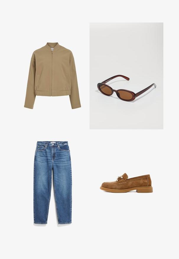 Beige ritsjack met een ronde kraag, verlaagde schouders en zijzakken. Gemaakt van gladde, zachte stof met een gestructureerde pasvorm.; Lichtblauwe, korte mouwen shirt van zacht stof, met een knoopsluiting aan de voorkant en een klassieke kraag. Soepele textuur en een relaxte pasvorm.; Blauwe denim jeans met een rechte pijpdesign, vijf zakken en subtiele vervaging. Heeft een knoopsluiting en contrasterende stiksels.; Bruine suède instappers met een lage rubberen hak, voorzien van decoratieve metalen hardware en contraststiksel langs de bovenkant.; Ronde, bruin getinte zonnebril met een glanzend bordeauxrood frame. Slanke pootjes met subtiele merkdetails. Vlakke lensontwerp.