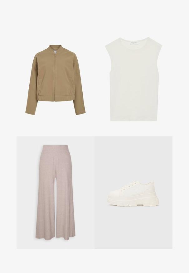 Beige bunda na zip s kulatým límcem, spadlými rameny a bočními kapsami. Vyrobena z hladkého, měkkého materiálu s tvarovaným střihem.; Bílý bezrukávový top s kulatým výstřihem. Vyroben z hladkého materiálu, má volný střih a minimalistický design. Bez vzorů nebo akcentů.; Světle šedé široké kalhoty vyrobené z měkké jemně žebrované látky, s vysokým pasem a dlouhými nohavicemi s jemnou texturou.; Bílé plátěné tenisky s robustní podrážkou, zaoblenou špičkou a pěti otvory pro tkaničky. Zádový pásek pro snadné obouvání. Hladký povrch, minimalistický design.
