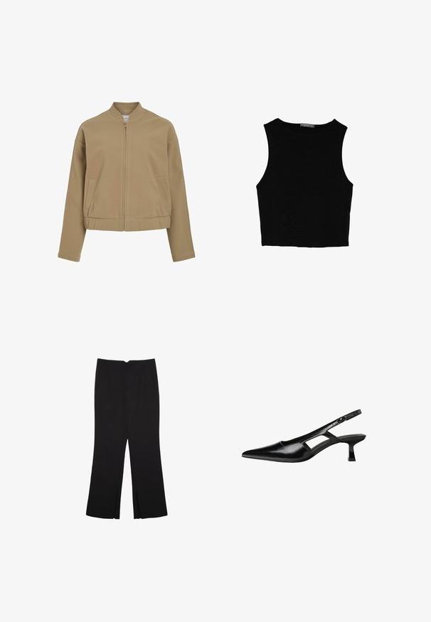 Beżowa kurtka na zamek z okrągłym kołnierzem, opadającymi ramionami i bocznymi kieszeniami. Wykonana z gładkiego, miękkiego materiału o dopasowanym kroju.; Czarny bezrękawnik crop top z gładkiego materiału, z okrągłym dekoltem i czystym, prostym wzornictwem, bez wzorów czy metalowych elementów.; Czarne spodnie o prostym kroju, z przednimi kieszeniami i bocznymi rozcięciami na dole. Wykonane z miękkiego, gładkiego materiału. Odpowiednie na różne okazje.; Czarne lakierowane czółenka na odkrytej pięcie z wąskim noskiem, z wykrojem po bokach i małym kwadratowym obcasem. Gładka faktura z minimalnymi akcentami.