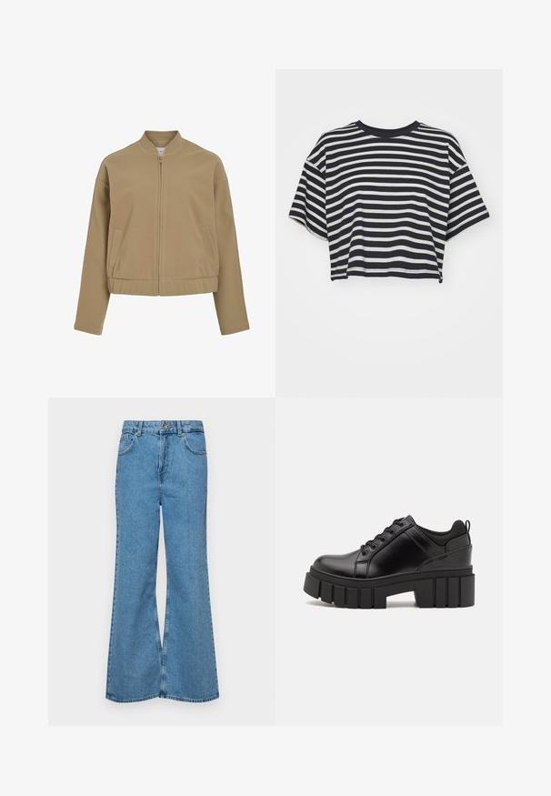 Beige tõmblukuga jope ümmarguse kaelusega, langevate õlgadega ja küljetaskutega. Valmistatud siledast, pehmest kangast, millel on struktureeritud lõige.; Rööbastega lühikeste varrukatega navy ja valge lühike t-särk. Ümar kaelus, pehme kangas horisontaalsete triipudega ja lõdva lõikega.; Heledad sinine flared teksade rõivad, millel on kõrge talje, viis taskut ja üks nupulukk. Pehme tekstuur ja pleekinud viimistlus.; Must musta platvormsussid paksu plokkninal, ümmarguse varbaga ja traditsioonilise nööridega kinnitamisega. Sussid on sileda tekstuuriga ja minimaalsete detailidega.