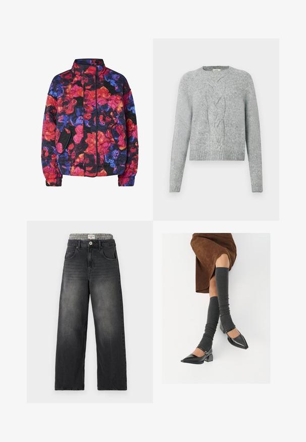 Quiltet jakke med høy krage, sidelommer og blomsterdesign i rødt, oransje, blått, lilla og svart.; Lys grå strikket genser med lange ermer, rund hals og sentral flettestrikkmønster på forsiden.; Sorte denim bukser med vide ben og et houndstooth-mønstret taljebånd. Funktioner inkluderer forlommer og knappelukning. Slidt tekstur.; Sorte lakkpumps med spiss tå, blokkhel, og ankelstropp, kombinert med grå ribbestrikkede beinvarmere og et brunt semsket skinn skjørt.