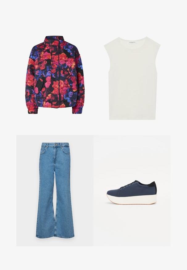 Jachetă matlasată cu guler înalt, buzunare laterale și un model floral în culori roșu, portocaliu, albastru, violet și negru.; Top alb fără mâneci, cu decolteu rotund. Fabricat dintr-un material neted, prezintă o croială lejeră și un design minimalist. Fără modele sau accente.; Jeanși evazați de culoare albastru deschis, din denim, cu talie înaltă, cinci buzunare și închidere cu un singur buton. Textură moale cu un finisaj decolorat.; Sneaker albastru închis, cu un material texturat pe partea superioară, talpă platformă albă, vârf rotunjit și accent de călcâi negru. Dispune de șase găuri pentru șireturi.