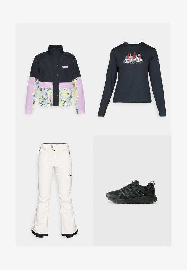 Columbia PFG OPEN WATER™ - Windbreaker - black/spring yellow; Long-sleeve dark gray shirt with a graphic of red trees and mountains; "COLUMBIA" logo in bold white text. Soft fabric, standard crew neck.; White ski pants made from soft, flexible material. Features a fitted waist, wide flared legs, and black trim at the cuffs. Brand logo visible.; Columbia PEAKFREAK - Hiking shoes - black