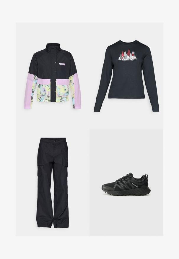 Columbia PFG OPEN WATER™ - Vetrovka - black/spring yellow; Majica z dolgimi rokavi temno siva z grafiko rdečih dreves in gora; logotip "COLUMBIA" v krepki beli barvi. Mehka tkanina, standarden krojen ovratnik.; Columbia BREA FALLS™ COTTON RIPSTOP PANT - Hlače za na prostem - black; Columbia PEAKFREAK - Pohodniški čevlji - black