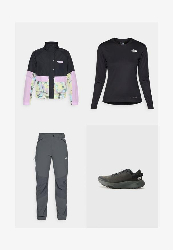 Columbia PFG OPEN WATER™ - Větrovka - black/spring yellow; The North Face SHADOW LONG SLEEVE - Top s dlouhým rukávem - black; Tmavě šedé venkovní kalhoty s vyztuženými kolenními částmi, zipovými kapsami po stranách a vpředu, s knoflíkovým zapínáním a logem The North Face na stehně.; Tmavě šedá sportovní bota s texturovaným textilním svrškem, plochými tkaničkami, zesílenou špičkou a silnou, robustní podrážkou pro přilnavost. Na patě je embosované číslo 300.