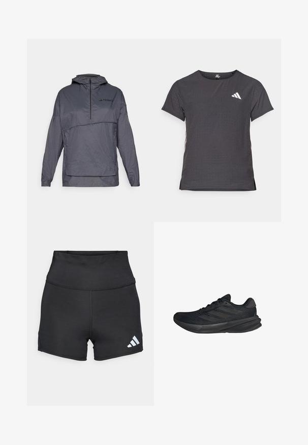 Gray pullover jacket with a hood, quarter-zip front, textured fabric, and a logo on the left chest. Features long sleeves and elastic cuffs.; Short-sleeve athletic t-shirt, dark gray with perforated texture. Features a white logo and contrasting side stripes. Rounded neckline.; adidas Performance Leggings - black; Black athletic shoes with a mesh upper, streamlined shape, flat sole, and three diagonal stripes on the side. Lightweight design for comfort.