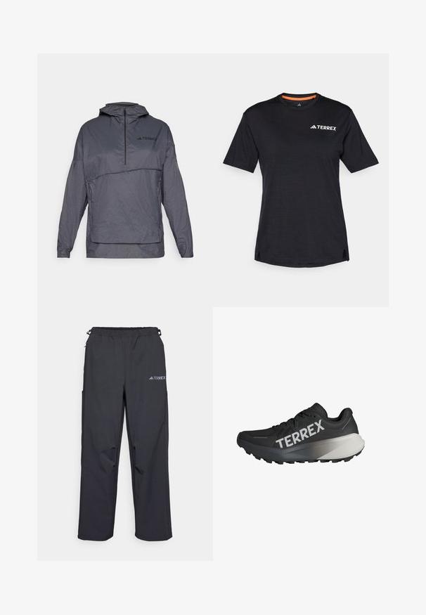 Casaco pullover cinza com capuz, fecho de meio-zíper à frente, tecido texturizado e um logótipo no lado esquerdo do peito. Apresenta mangas longas e punhos elásticos.; T-shirt preto de manga curta com decote redondo, apresentando uma textura heather subtil e o logótipo branco "TERREX" no lado superior esquerdo.; Calças de exterior pretas e leves, com um cós elástico, bolsos laterais e um logótipo na parte superior da perna direita. Tecido suave e resistente à água.; Sapatilha de corrida preta com um upper texturizado, logótipo "TERREX" em branco em destaque, design de sola afilada, e um acento em gradiente cinza no calcanhar.