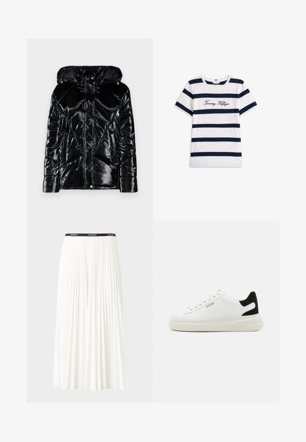 Giubbotto imbottito nero con finitura lucida, dotato di cappuccio, chiusura con zip e cuciture diagonali. Progettato con due tasche laterali.; T-shirt in cotone con righe orizzontali blu navy su sfondo bianco. "Tommy Hilfiger" ricamato in corsivo sul petto. Collo a giro.; Gonna bianca plissettata con elastico nero in vita che presenta il logo "LACOSTE". Design di lunghezza media con texture morbida.; Sneaker bianchi in pelle con suola spessa bianca, accento in suede nero sul tallone e logo impresso sul lato. Design con lacci e sei fori per i lacci.